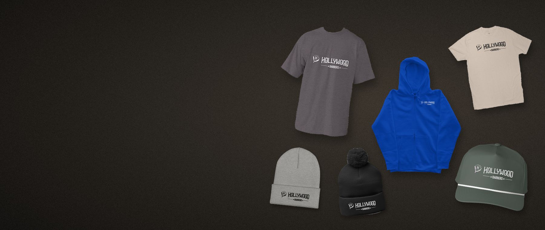 Hollywood Barbers merch: royal blue zip hoodie, cream logo tee, charcoal oversized tee, moss rope cap, heather grey beanie and black pom beanie